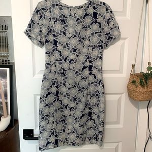 Knee length blue floral silk dress